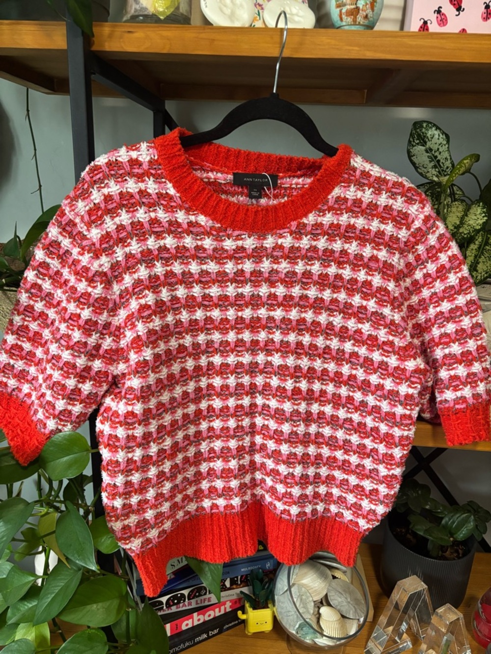 Ann Taylor Red and White Textured Crewneck Sweater - Picture 3 of 6